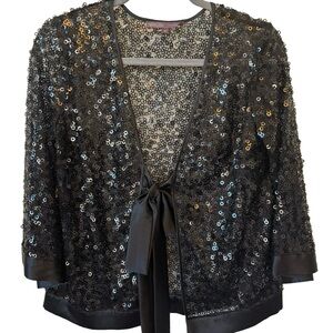 Hale Bob Black Sequin Silk Kimono Cardigan  Size Medium